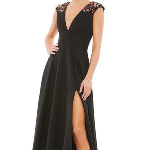 Mac Duggal Black Midi Dress with Colorful Embellishments